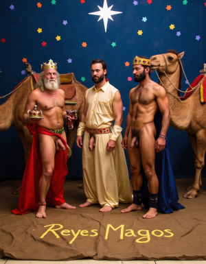 Los Reyes Magos:
Melchor es un hombre de 60 años, tiene una larga cabellera, tiene barba blanca, es de Europa. Está totalmente desnudo pero lleva corona de rey 👑, en sus manos lleva un cofre con oro. Tiene un cuerpo con músculos marcados y definidos. Tiene un pene erecto de 36 cm de longitud y 7 cm de diámetro. Tiene mucho vello corporal blanco.

Gaspar es un hombre de 30 años con rasgos asiáticos y una barba rubia, está totalmente desnudo pero lleva una corona de rey 👑, tiene un cuerpo atlético y vigoroso, tiene mucho vello corporal rubio, tiene una bandeja con incienso en sus manos.
Baltasar es un hombre de 45 años de edad proviene de África, tiene piel oscura, es moreno, lleva un tarro de mirra. Tiene cuerpo atlético con músculos muy marcados, tiene mucho vello negro rizado por todo el cuerpo, su cabello es abundante rizado y negro, tiene una barba negra abundante, tiene un enorme pene erecto de 40 cm de longitud y 9 cm de diámetro. 👑🌿🐫
En el fondo hay tres camellos y la estrella de Oriente, y muchas pequeñas estrellas de colores. En el suelo está escrito: “Reyes Magos” en español.