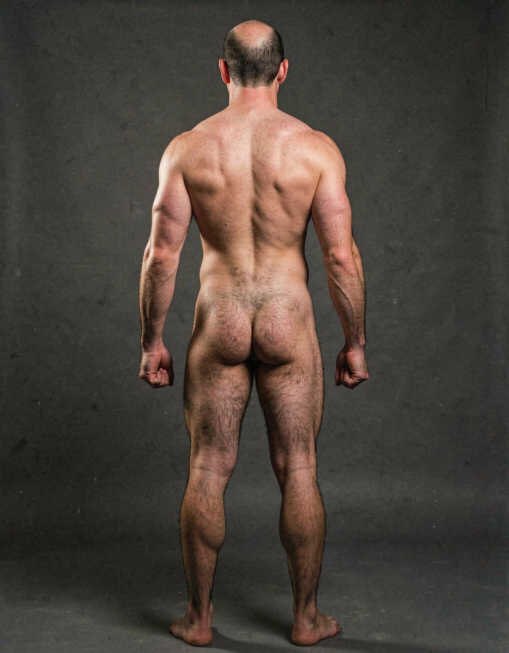Mike Morris, a 32-year-old extremely lean Caucasian male at only 8% body fat, stands completely naked in a strict military attention pose seen from directly behind in a full posterior view. His back is perfectly straight, shoulders pulled back, arms rigid at his sides with fists clenched, legs straight and together, head held high. The shot captures him from the heels of his feet all the way up to the top of his bald head. His advanced Norwood III-IV baldness is clearly visible from behind, with a smooth tanned scalp on the crown and short dense dark brown hair only on the sides and lower back of the head. His back is highly defined and vascular: wide lats tapering dramatically to a very narrow, tight waist, thick trapezius muscles, and dense dark brown body hair lightly covering the shoulders and becoming much thicker and denser across the lower back and lumbar area, especially between the lats. His ass is tight, muscular and round with almost no fat, the glutes clearly separated. Thick dark hair continues down onto his powerful diamond-shaped calves and the backs of his slightly hairy feet. Dramatic directional studio lighting from above and slightly to the side creates strong highlights on his dry, shredded skin and deep shadows that accentuate every muscle fiber, the texture of his dense back hair, and the extreme vascularity and definition of his 8% body fat physique. Photorealistic, high-contrast, masculine 1970s Colt Studio aesthetic, grainy film texture, commanding and powerful presence. Las piernas están separadas 80 cm. La separación entre los pies es de ochenta centímetros. Se aprecia el surco entre glúteos  con una separación de glúteos de 4 cm.