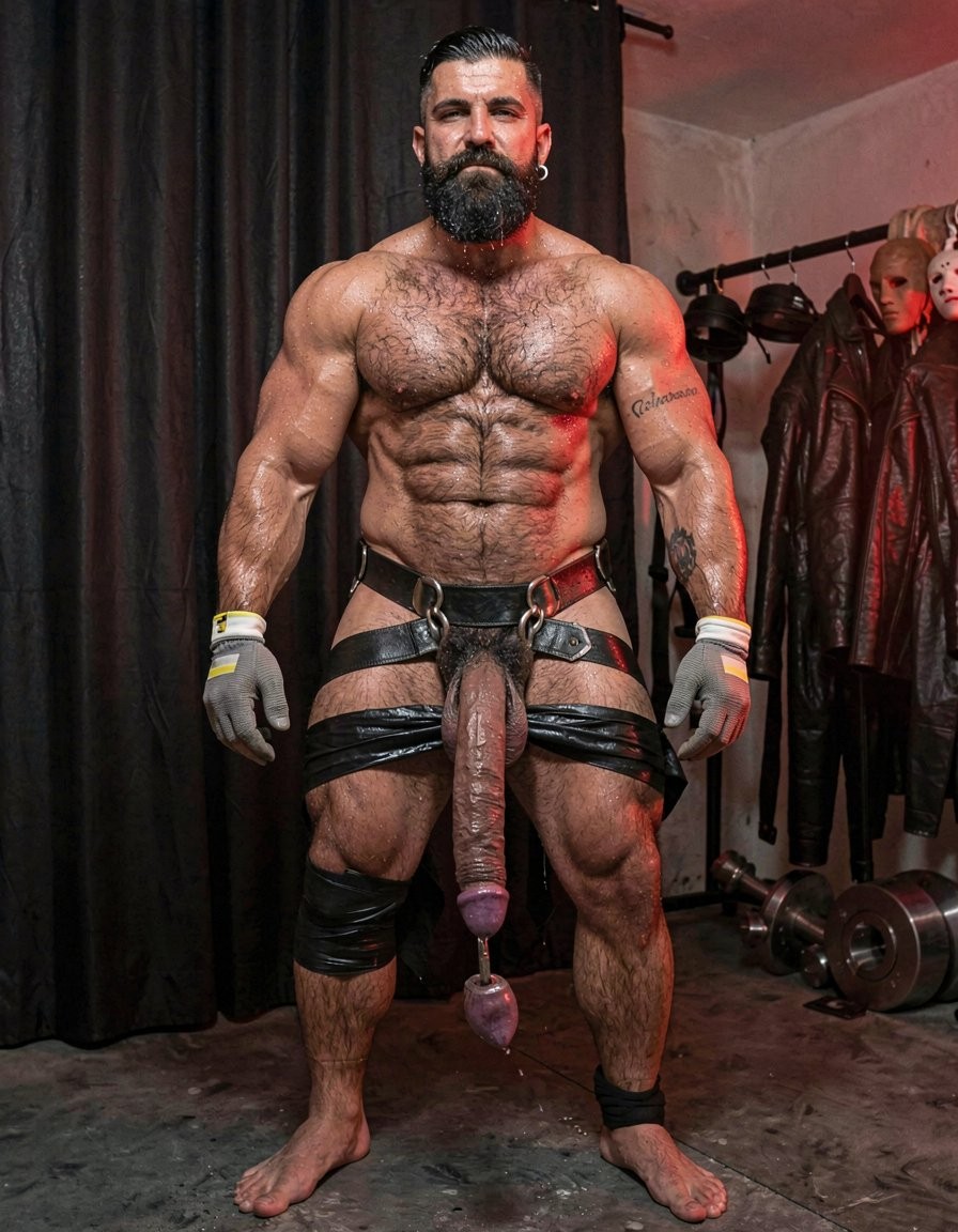 In a dimly lit extreme fetish backroom hidden behind a heavy black leather curtain in Santorini, thick with the heavy scent of latex, leather, rubber and raw male sweat under low cinematic red and amber lighting that casts dramatic specular highlights across wet skin and glossy materials, the 32-year-old Greek vineyard worker Dimitris stands completely immobilized in a full-body vertical composition with flawless anatomy and zero cropping from the top of his head to his bare feet on the dark concrete floor. He possesses an extreme competition-level physique at 5% body fat, deep bronzed skin glistening with heavy beads of sweat, short jet-black hair with high faded sides, a thick long well-groomed black beard seamlessly joined to a dense mustache, a silver hoop earring in his left ear, and a small “hipsterbarba” tattoo visible on his right bicep. His entire muscular body is covered in dense black body hair matted down across his massive pecs, sharply defined eight-pack abs, obliques, veiny traps, shoulders, thick arms and powerful thighs. He wears only his grey work gloves with yellow and white stripes. A heavy black leather bondage harness with multiple thick straps and steel D-rings tightly cinches his entire pelvic region, immobilizing his hips and forcing his legs slightly apart, while a steel scrotum stretcher with two wide polished stainless steel rings stretches his large hairy balls into a long tight shiny tube of skin with two heavy 0.5 kg lead weights hanging from the bottom ring and pulling them brutally downward. Over all of this, black elastic compression bandages and shiny black latex strips have been wrapped in multiple tight uniform layers from just above his knees all the way up to his waist, compressing his thighs, pelvic area, the base of his swollen cock and the upper part of his stretched scrotum into a single glossy black cylindrical bundle that visibly throbs under the relentless even pressure; the thick veiny cock remains trapped and engorged with a shiny purple glans dripping precum that seeps through the latex. Every muscle in his torso and legs is tense from the extreme constriction, sweat runs in rivulets down the matted black body hair, dramatic red and amber light catches metallic reflections on the steel rings and weights, deep glossy shine on the stretched latex and wet leather straps, and carves sharp shadows that accentuate every vein, bulge and contour of his hyper-muscular frame. In the background, racks of rubber suits, pony masks, enormous stainless steel plugs and spiked harnesses are faintly visible. Ultra-photorealistic, narrative atmosphere heavy with testosterone, raw masculine submission, intense compression pleasure and extreme fetish anticipation.