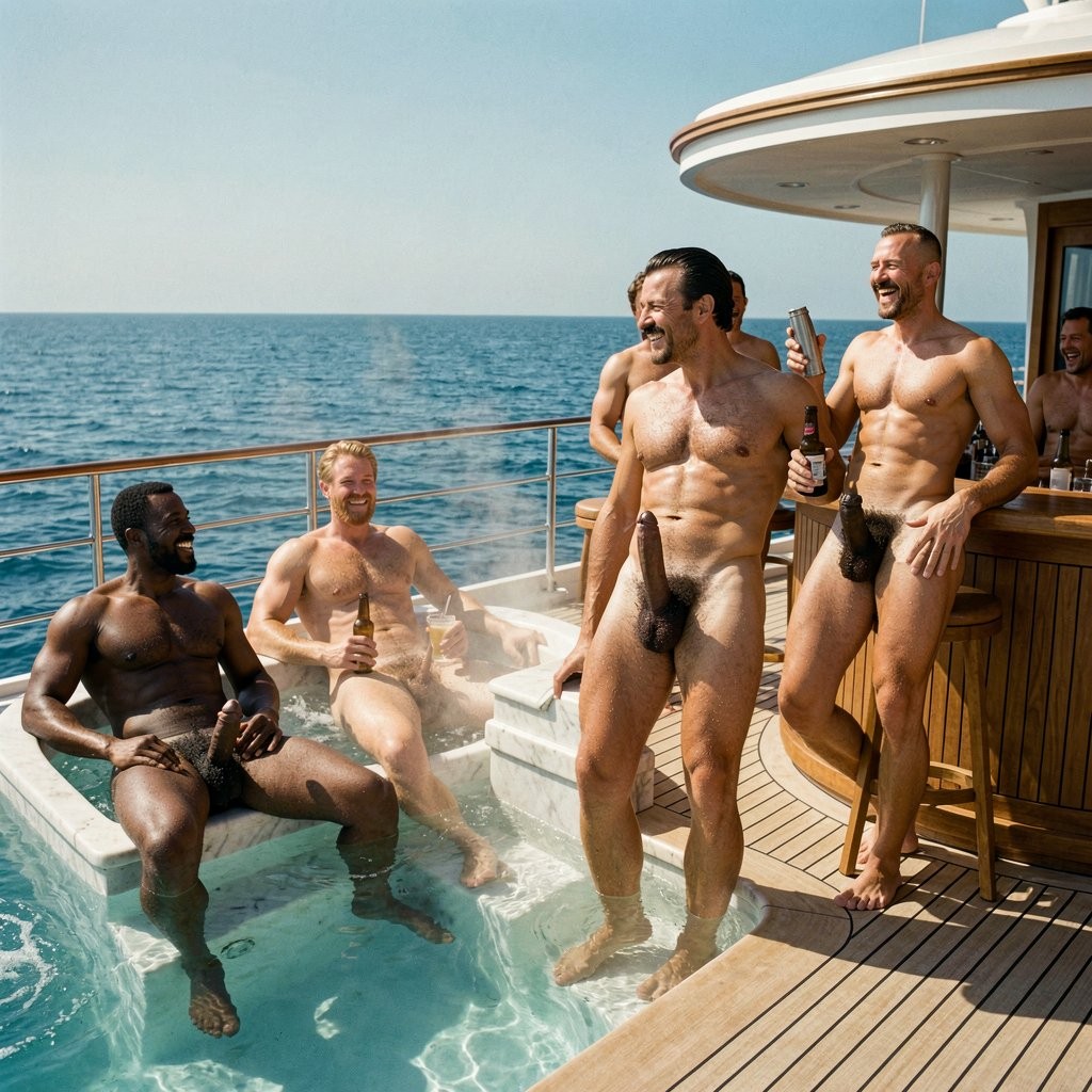 Perfect hyperrealistic 1938 color photograph on the upper deck of a large luxury yacht anchored in the Mediterranean Sea under a bright cloudless sky, intense golden midday sun, warm light with deep sharp shadows. Every figure has flawless human anatomy with zero distortions, zero deformities, zero duplications, all limbs complete, all fingers and toes perfectly formed, natural proportions throughout. The scene radiates genuine masculine joy, camaraderie and hedonistic summer freedom.Errol Flynn, 30 years old, 1.86 m tall, 82 kg of perfectly sculpted lean muscle at 5% body fat, stands waist-deep in the crystal-clear infinity pool at the edge of the deck. His entire golden-bronzed body glistens with water droplets on his dense dark brown body hair that covers his powerful chest, carved eight-pack abdomen, thick forearms and muscular legs. He leans one elbow on the pool edge, looking toward the bar with a relaxed, happy smile. His jet-black hair is slicked back with brilliantine with the signature right-side wave, his ultra-thin razor-sharp horizontal pencil mustache is flawless. The water line reaches his waist, leaving his torso fully visible above the surface.Two steps to the left of the pool, a large marble jacuzzi bubbles with steam and hot water catching the sunlight. Inside sit three muscular, extremely masculine men, all completely naked, all with thick body hair:A tall black man, about 35 years old, 1.85 m, powerfully built with broad shoulders and a massive hairy chest covered in dense black body hair, his eight-pack visible beneath the hair, strong thighs spread apart as he sits in the bubbling water. His face is handsome with a trimmed beard and confident expression. His penis floats naturally in the water, proportional to his body, about 18 cm flaccid, thick and dark, with a natural uncircumcised glans, his testicles visible beneath the surface.A blond man beside him, about 32 years old, 1.83 m, with light golden body hair covering his defined chest and abdomen, a short neatly trimmed blond beard, blue eyes, broad shoulders and a V-shaped torso. His hand rests on the marble edge of the jacuzzi. His penis floats naturally in the clear water, proportional to his body, about 17 cm flaccid, pale, uncircumcised, with visible blond pubic hair above.A bald muscular man on the other side, about 40 years old, 1.80 m, completely shaved head, with a thick salt-and-pepper beard, dense dark chest hair covering his powerful pectorals and stomach, strong tattooed arms resting on the jacuzzi edge. His muscular thighs are spread, his penis visible in the water, proportional to his body, about 16 cm flaccid, uncircumcised, with thick dark pubic hair above. All three are laughing and talking together, steam rising around them.At the open-air bar with polished teak counter on the right side of the deck, Masri, 30 years old, 1.72 m tall, 78 kg of hyper-muscular dense build with rich olive-cetrine skin, stands leaning against the bar, holding a cold beer bottle and laughing heartily with his head tilted back. His entire body is covered in extremely thick curly jet-black body hair on his massive chest, deep abdominal grooves, shoulders and powerful legs. His penis is completely natural and realistic: 18 cm long, fully flaccid and relaxed, hanging straight down between his legs with his foreskin covering the glans, his testicles hang low and prominent, naturally asymmetrical. His thick black curly pubic bush is extremely dense. His prominent aquiline nose, high cheekbones, square jaw, thick black mustache and short beard are all clearly visible. Pure joy on his face.Around Masri at the bar, five nude male friends sit on stools or stand at the counter, all completely naked, all with relaxed flaccid penises proportional to their bodies hanging naturally between their legs or against their thighs. They hold cold beers and cocktails, laughing, talking, slapping each other on the back. The bartender, a handsome tanned man with a thick mustache, pours drinks from a shaker, completely naked, his flaccid penis swinging naturally as he moves.Deep turquoise sea stretches to the horizon behind the yacht. Everything in crystal-clear Kodachrome color with extraordinary sharpness, rich natural tones, sunlight on wet and dry skin, every hand and foot complete and perfectly proportioned, no deformities, no extra limbs, no merging body parts, no distorted or unnatural genitalia. The atmosphere is pure masculine freedom, genuine friendship and summer happiness.