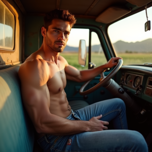 Hombre semidesnudo muy sexy con torso musculoso y abdomen marcado, sentado en la cabina de un camión antiguo, con la puerta abierta y una vista panorámica del paisaje rural al fondo, iluminado por la luz cálida del atardecer, con un brillo suave en su piel bronceada, vistiendo solo unos pantalones vaqueros desgastados y desabrochados, mostrando parte de su ropa interior y destacando su físico atlético, con una expresión sensual y confiada en su rostro, y un fondo de montañas y campos verdes que resaltan su figura masculina.