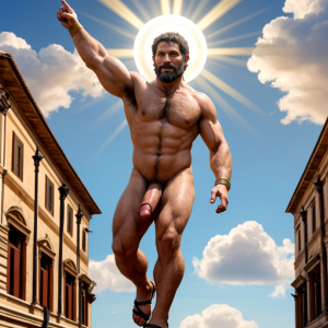 En el año 49 a.C., Julio César desnudo con pene grande. Está por las calles de la ciudad de Roma. Cneo Pompeyo Magno, bronceado y con testículos peludos, muestra su bíceps derecho con orgullo. Tiene un aro luminoso y alas blancas azuladas, destacando sus genitales velludos, sandalias, monedas esparcidas y geranios. Salta hacia arriba subiendo al cielo. Es muy atractivo. Está volando entre nubes. Se ve todo el cuerpo muy bonito, cabeza y pies con sandalias..