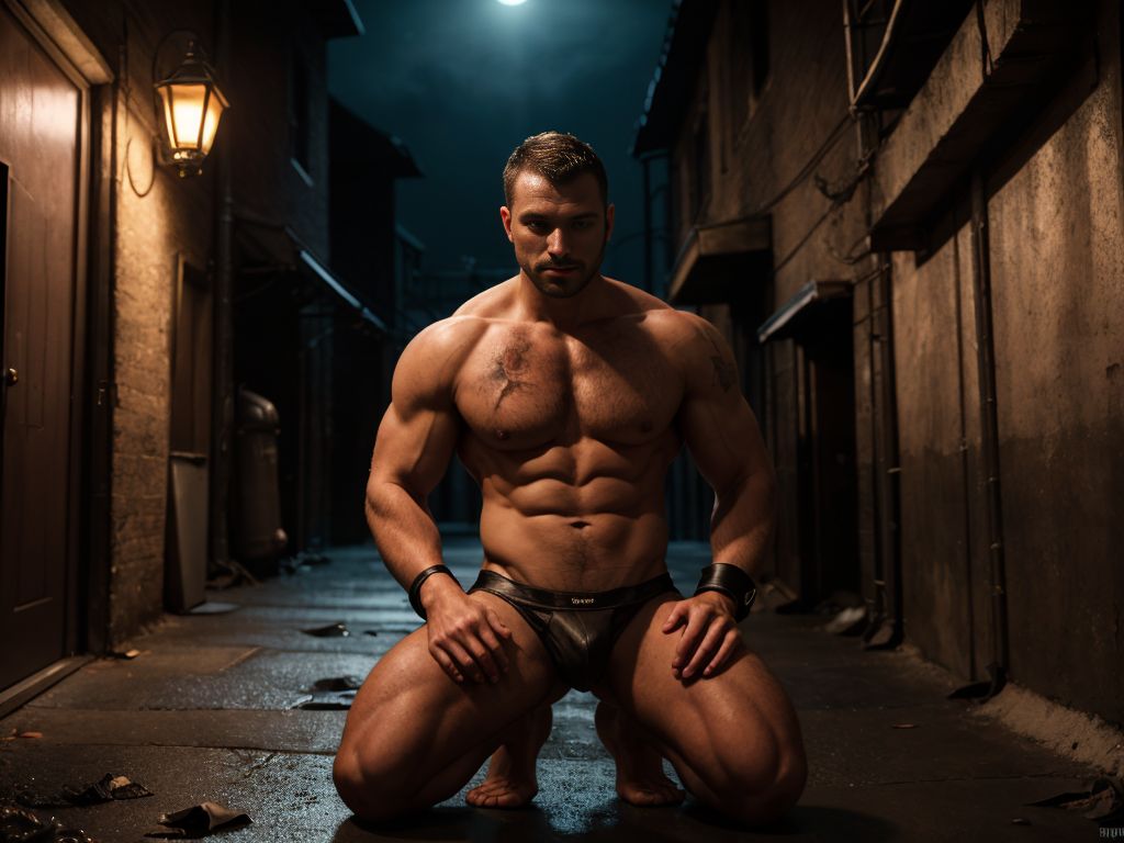 Hombre sumiso en BDSM de rodillas, desnudo, bajo una farola en un callejón oscuro y Ahúmedo de noche, con grilletes en muñecas y tobillos, mirada sumisa, cuerpo musculoso, sombras profundas, iluminación multicolor , psicodelia, ropa interior rota y desgarrada, ambiente sensual y dominante.