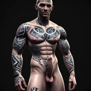 Hombre guapo fotorrealista tipo scally tatuado, preso, prisión, musculoso, malote, con (pene visible:1.2), piel realista con poros y (vello:1.1), resolución 8k, fondo oscuro, sombras hiperrealistas, (tatuajes:1.5) detallados, ultra detallado.
