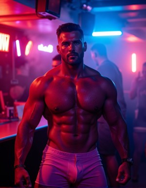 Mi STUD: Hombre musculoso dominante de 35 años en discoteca, torso desnudo marcado, llevando shorts rosas ajustados, brazos fuertes, mirada intensa y arrogante, barba recortada, sonrisa despectiva, luces de neón de colores de fondo, ambiente nocturno de club, música y humo, iluminación dramática con destellos, estilo realista, alta definición