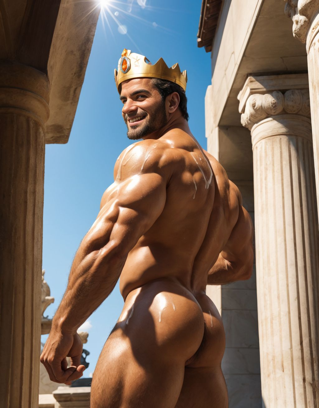 Hombre griego desnudo, sonriente, corona de oro y diamantes, pene grande eyaculando, testículos peludos, inclinado, enseñando ano y los testículos, mirando hacia atrás, dedo dentro del ano, entre casas antiguas con columnas y estatuas, sol de tarde, piel bronceada, músculos definidos, ojos brillantes, sensual y apasionado. Tiene los testículos gordos.