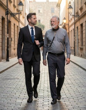 Un joven ejecutivo de 19 años, con traje negro impecable, camisa blanca y corbata azul, lleva del collar a un hombre maduro de 60 años, con el cabello gris y una barba bien definida, que viste un traje más informal pero aún elegante, con una camisa de manga larga y pantalones oscuros. El collar que rodea el cuello del hombre maduro es de cuero negro, con una hebilla de metal brillante, y una correa que el joven ejecutivo sostiene con firmeza pero con elegancia atada al collar, como si estuviera paseando a un perro por la calle. El hombre maduro camina a su lado, con la cabeza alta y una mirada de sumisión, mientras el joven ejecutivo mira hacia adelante, con una expresión de confianza y control. La escena transcurre en una calle empedrada, con edificios antiguos y farolas de estilo vintage, lo que añade un toque de elegancia y sofisticación a la escena. La iluminación es suave y cálida, con sombras que resaltan la textura de los trajes y la piel de los personajes. El estilo de la imagen es hiperrealista, con detalles precisos y una atención al realismo que hace que la escena parezca casi fotográfica. El enfoque está en la dinámica entre los dos personajes, con el joven ejecutivo ejerciendo un control claro sobre el hombre maduro, que parece aceptar su papel con una mezcla de sumisión y resignación.