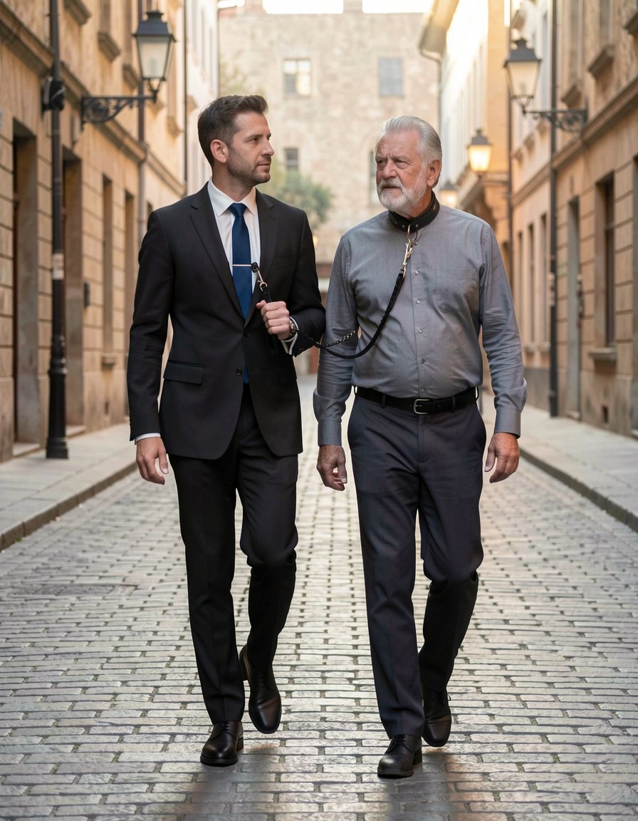 Un joven ejecutivo de 19 años, con traje negro impecable, camisa blanca y corbata azul, lleva del collar a un hombre maduro de 60 años, con el cabello gris y una barba bien definida, que viste un traje más informal pero aún elegante, con una camisa de manga larga y pantalones oscuros. El collar que rodea el cuello del hombre maduro es de cuero negro, con una hebilla de metal brillante, y una correa que el joven ejecutivo sostiene con firmeza pero con elegancia atada al collar, como si estuviera paseando a un perro por la calle. El hombre maduro camina a su lado, con la cabeza alta y una mirada de sumisión, mientras el joven ejecutivo mira hacia adelante, con una expresión de confianza y control. La escena transcurre en una calle empedrada, con edificios antiguos y farolas de estilo vintage, lo que añade un toque de elegancia y sofisticación a la escena. La iluminación es suave y cálida, con sombras que resaltan la textura de los trajes y la piel de los personajes. El estilo de la imagen es hiperrealista, con detalles precisos y una atención al realismo que hace que la escena parezca casi fotográfica. El enfoque está en la dinámica entre los dos personajes, con el joven ejecutivo ejerciendo un control claro sobre el hombre maduro, que parece aceptar su papel con una mezcla de sumisión y resignación.