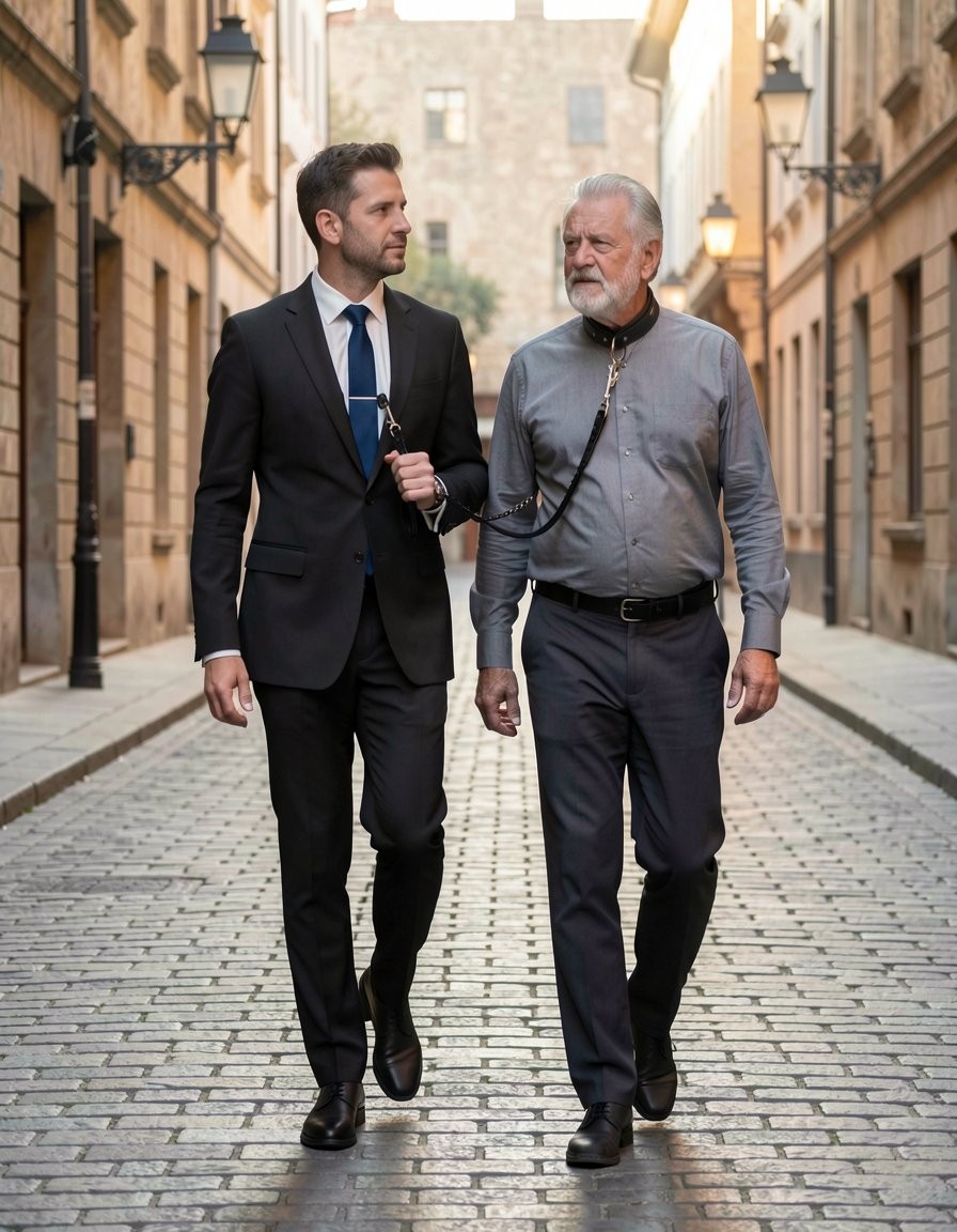 Two men walk together down a narrow, cobblestone, European-looking street, flanked by old stone buildings, black street lamps, and symmetrical facades. The young man, dressed in a black suit, white shirt, blue tie, and formal shoes, holds a black leash in his hand while looking at the older man walking beside him. The older man, with a white beard, gray hair, a buttoned gray shirt, dark pants, and a belt, wears a black collar around his neck to which the leash is attached, creating a scene of control, submission, and an urban walk with a sober and elegant aesthetic. Both maintain a serious posture and walk confidently down the center of the cobblestone street.