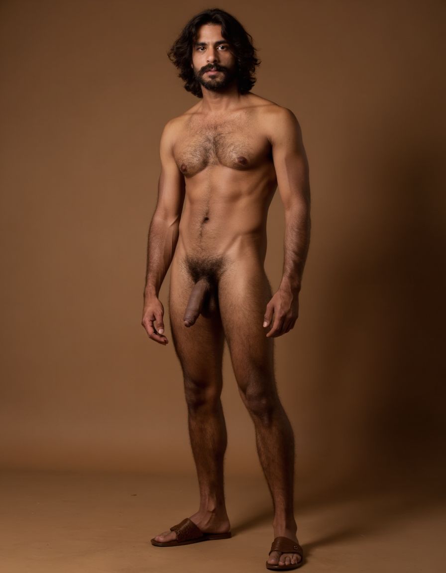 Hombre con piel bronceada desnudo que tiene un pene de 30 cm de longitud y 4 cm de grueso. Tiene dos testículos grandes gruesos peludos hermosos que cuelgan mucho. Tiene cabello oscuro y largo. Tiene sandalias marrones. Tiene músculos pectorales peludos. 🧔🏻‍♂️ 🌷🥀🌹☀️🌈 🏜️ hombre muy delgado muy viril muy macho