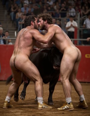 Un torero español musculoso y velludo de 50 años, con torso atlético y marcado, se muestra completamente desnudo, destacando su pene de 35 cm de longitud y 6 cm de diámetro, perfectamente formado y rodeado de un denso vello púbico castaño oscuro. Sus testículos, perfectamente formados, cuelgan de forma prominente. La piel bronceada y sudorosa resalta su musculatura definida, con pectorales y abdominales bien marcados y sin grasa. El cabello largo y castaño oscuro está despeinado y sudoroso, con gotas de sudor resbalando por su frente y mejillas. Una barba incipiente y un vello corporal denso que se extiende por su pecho, piernas y brazos completan su apariencia viril. Lleva zapatillas doradas en sus pies.

A su lado, un hombre musculoso y velludo de 30 años, completamente desnudo, muestra un pene de 40 cm de longitud y 7 cm de diámetro, hermoso y perfecto, rodeado de un denso vello púbico pelirrojo. Su piel bronceada y sudorosa muestra una musculatura definida, con pectorales y abdominales muy marcados. Tiene cabello pelirrojo despeinado y sudoroso. Tiene una barba pelirroja densa y bien recortada. El vello corporal es pelirrojo es denso y cubre su pecho, y tiene mucho vello pelirrojo en sus piernas y brazos, lo que realza su apariencia masculina y atlética. Están en la plaza de toros con un toro salvaje. Se aman

Ambos hombres se encuentran en una plaza de toros, con sombras que resaltan su musculatura y vello corporal, creando un ambiente sensual y cargado de tensión. Están en pleno acto de pasión, con sus penes erectos y testículos prominentes colgando y moviéndose al compás de los movimientos del cuerpo, destacando su musculatura, vello corporal y atributos viriles en una imagen impactante y llena de energía. La escena está llena de sensualidad y poder, con los dos hombres como protagonistas, en un ambiente cargado de pasión y erotismo. La imagen es híper realista, con detalles de alta calidad, y muestra la unión de los dos hombres en un acto de pasión y dominio, con sus cuerpos musculosos y velludos completamente desnudos y visibles, mostrando su excitación y pasión en cada detalle. Tienen sus penes erectos. Están totalmente desnudos. Tienen un pene de 40 cm de longitud y 7 cm de diámetro. Son felices y sonríen. Amor. Se abrazan por la cintura con fuerza y pasión, están muy juntos. Sexo duro. Están abrazados y besándose en la boca con lengua. Están muy juntos apretándose el uno con el otro. Te quiero ❤️. Se besan apasionadamente. Juntan sus penes erectos a la vista del espectador. Por sus penes erectos. 