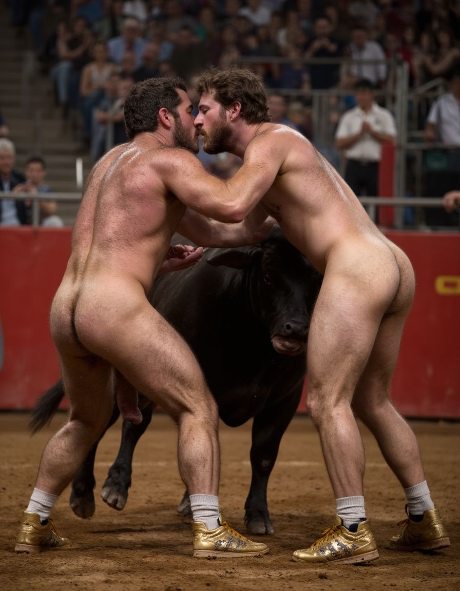 Un torero español musculoso y velludo de 50 años, con torso atlético y marcado, se muestra completamente desnudo, destacando su pene de 35 cm de longitud y 6 cm de diámetro, perfectamente formado y rodeado de un denso vello púbico castaño oscuro. Sus testículos, perfectamente formados, cuelgan de forma prominente. La piel bronceada y sudorosa resalta su musculatura definida, con pectorales y abdominales bien marcados y sin grasa. El cabello largo y castaño oscuro está despeinado y sudoroso, con gotas de sudor resbalando por su frente y mejillas. Una barba incipiente y un vello corporal denso que se extiende por su pecho, piernas y brazos completan su apariencia viril. Lleva zapatillas doradas en sus pies.

A su lado, un hombre musculoso y velludo de 30 años, completamente desnudo, muestra un pene de 40 cm de longitud y 7 cm de diámetro, hermoso y perfecto, rodeado de un denso vello púbico pelirrojo. Su piel bronceada y sudorosa muestra una musculatura definida, con pectorales y abdominales muy marcados. Tiene cabello pelirrojo despeinado y sudoroso. Tiene una barba pelirroja densa y bien recortada. El vello corporal es pelirrojo es denso y cubre su pecho, y tiene mucho vello pelirrojo en sus piernas y brazos, lo que realza su apariencia masculina y atlética. Están en la plaza de toros con un toro salvaje. Se aman

Ambos hombres se encuentran en una plaza de toros, con sombras que resaltan su musculatura y vello corporal, creando un ambiente sensual y cargado de tensión. Están en pleno acto de pasión, con sus penes erectos y testículos prominentes colgando y moviéndose al compás de los movimientos del cuerpo, destacando su musculatura, vello corporal y atributos viriles en una imagen impactante y llena de energía. La escena está llena de sensualidad y poder, con los dos hombres como protagonistas, en un ambiente cargado de pasión y erotismo. La imagen es híper realista, con detalles de alta calidad, y muestra la unión de los dos hombres en un acto de pasión y dominio, con sus cuerpos musculosos y velludos completamente desnudos y visibles, mostrando su excitación y pasión en cada detalle. Tienen sus penes erectos. Están totalmente desnudos. Tienen un pene de 40 cm de longitud y 7 cm de diámetro. Son felices y sonríen. Amor. Se abrazan por la cintura con fuerza y pasión, están muy juntos. Sexo duro. Están abrazados y besándose en la boca con lengua. Están muy juntos apretándose el uno con el otro. Te quiero ❤️. Se besan apasionadamente. Juntan sus penes erectos a la vista del espectador. Por sus penes erectos. 
