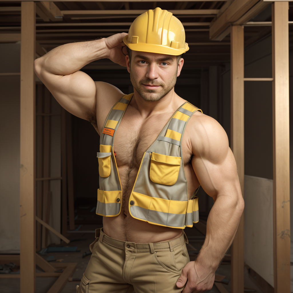 hombre, desnudo, poco vello, obrero de la construcción, chaleco amarillo de seguridad