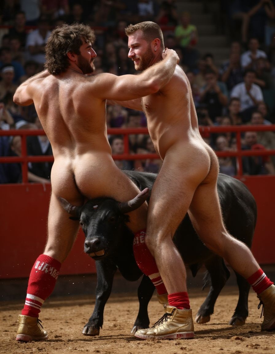 Un torero español musculoso y velludo de 50 años, con torso atlético y marcado, se muestra completamente desnudo, destacando su pene de 30 cm de longitud y 5 cm de grosor, perfectamente formado y rodeado de un denso vello púbico castaño oscuro. Sus testículos, perfectamente formados, cuelgan de forma prominente. La piel bronceada y sudorosa resalta su musculatura definida, con pectorales y abdominales bien marcados y sin grasa. El cabello largo y castaño oscuro está despeinado y sudoroso, con gotas de sudor resbalando por su frente y mejillas. Una barba incipiente y un vello corporal denso que se extiende por su pecho, piernas y brazos completan su apariencia viril. Lleva zapatillas doradas en sus pies.

A su lado, un hombre musculoso y velludo de 30 años, completamente desnudo, muestra un pene de 30 cm de longitud y 7 cm de grosor, hermoso y perfecto, rodeado de un denso vello púbico pelirrojo. Su piel bronceada y sudorosa muestra una musculatura definida, con pectorales y abdominales muy marcados. Tiene cabello pelirrojo despeinado y sudoroso. Tiene una barba pelirroja densa pero bien recortada. El vello corporal pelirrojo denso cubre su pecho, y tiene mucho vello pelirrojo en sus piernas y brazos, lo que realza su apariencia masculina y atlética. Están en la plaza de toros con un toro salvaje. Se aman

Ambos hombres se encuentran en una plaza de toros, con sombras que resaltan su musculatura y vello corporal, creando un ambiente sensual y cargado de tensión. Están en pleno acto de pasión, con sus penes erectos y testículos prominentes ,destacando su musculatura, vello corporal y atributos viriles en una imagen impactante y llena de energía. La escena está llena de sensualidad y poder, con los dos hombres como protagonistas, en un ambiente cargado de pasión y erotismo. La imagen es híper realista, con detalles de alta calidad, y muestra la unión de los dos hombres en un acto de pasión y dominio, con sus cuerpos musculosos y velludos completamente desnudos y visibles, mostrando su excitación y pasión en cada detalle. Tienen sus penes erectos. Están totalmente desnudos. Tienen un pene de 40 cm de longitud y 7 cm de diámetro. Son felices y sonríen. Amor. Se abrazan por la cintura con fuerza y pasión, están muy juntos. Sexo fuerte.
