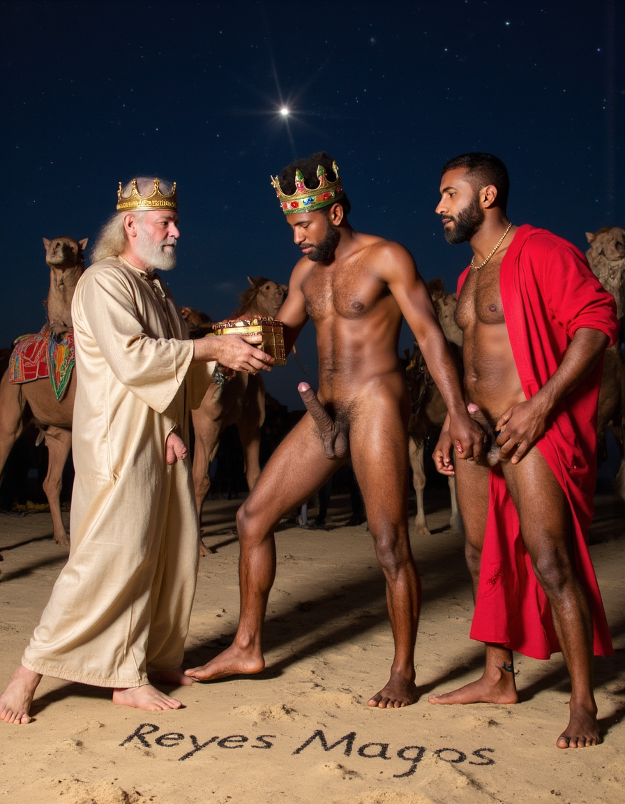 Three men dressed as the Three Wise Men pose at night on the sand, under a starry sky with a bright star in the background and several saddled camels behind them. On the left, a king with a golden crown, white beard, and beige tunic holds a chest as an offering; in the center, a man with a crown and beard appears completely naked, with his penis visible, receiving the gift in a solemn pose; on the right, another bearded man wears an open red cape that reveals his torso and penis. Written in the sand is “Three Wise Men,” reinforcing the Christmas desert scene with crowns, gifts, and camels.