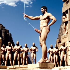 Ejército de Jerjes 1º del imperio persa en el verano del año -480 marcha a pie. Hay cuatro luchadores que están desnudos con penes grades y testículos grandes y con mucho vello. Están en Helesponto luchando contra el rey Darío desnudo y de gran pene tieso hacia arriba eyaculando semen líquido blanco. Delante de de todos está el oráculo de Apolo totalmente desnudo con un gran pene erecto tieso hacia arriba. Están en Delfos. 