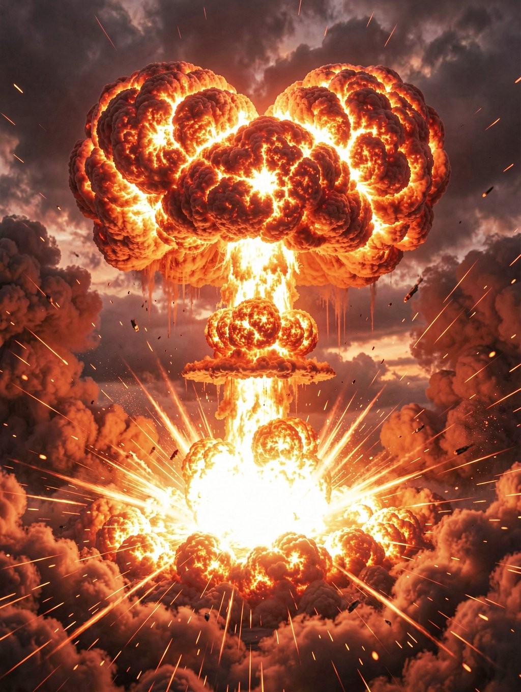 Una gigantesca explosión nuclear domina la escena con una enorme nube en forma de hongo, incandescente y cargada de fuego, humo y cenizas. El núcleo blanco y amarillo deslumbra en la base mientras columnas de llamas ascienden hacia masas densas de humo rojizo y negro, creando un efecto apocalíptico. Chispas, fragmentos ardientes y líneas de energía salen disparados en todas direcciones, intensificando la sensación de destrucción masiva, calor extremo y onda expansiva. El cielo oscuro, cubierto de nubes tormentosas, refuerza el ambiente dramático de catástrofe, guerra, detonación atómica y devastación total.