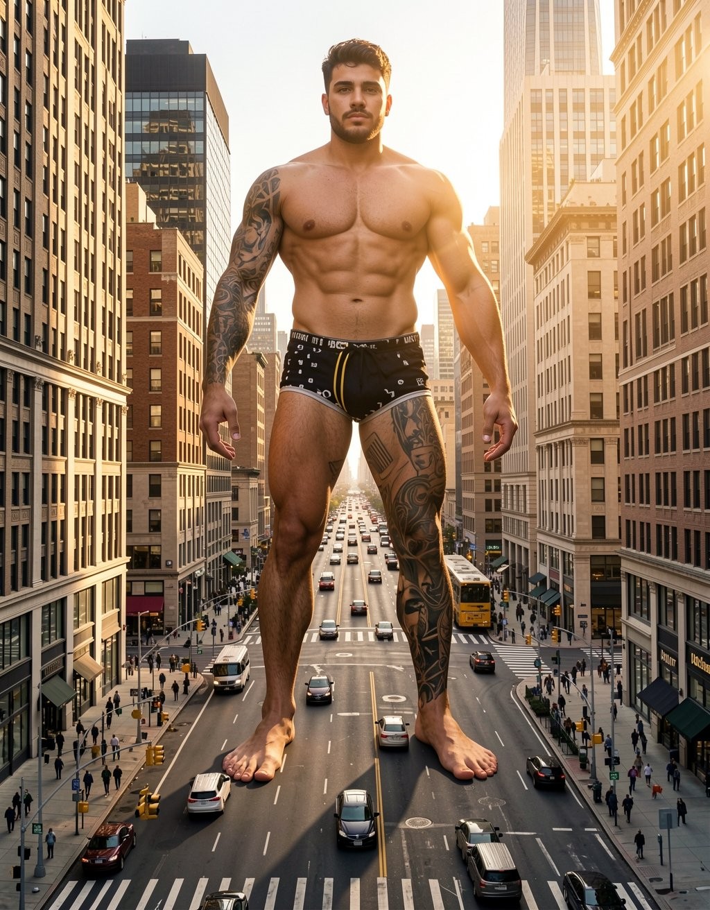 Un hombre gigantesco y musculoso aparece de pie en mitad de una gran avenida urbana, elevándose entre rascacielos como una figura colosal sobre el tráfico y los peatones diminutos. Está sin camiseta, con el torso definido, abdominales marcados y brazos fuertes, llevando únicamente unos calzoncillos negros ajustados con detalles blancos y cordón dorado. Sus tatuajes cubren gran parte del brazo izquierdo y una pierna, aportando un aspecto imponente y moderno. La luz cálida del atardecer ilumina la escena entre edificios altos de una ciudad densa, con coches, autobuses, pasos de peatones y aceras llenas de gente, creando una composición surrealista de gigantismo, fuerza física y paisaje urbano cinematográfico.