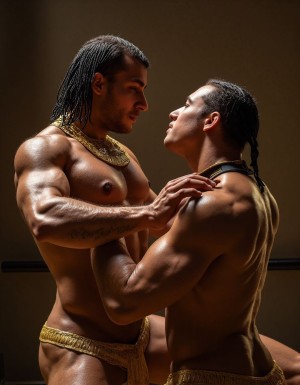 Akhenatón (originalmente llamado Amenhotep IV) fue un faraón egipcio que gobernó durante la Dinastía XVIII (Imperio Nuevo), aproximadamente entre 1353 a.C. y 1336 a.C. Es un hombre faraón de los más fascinantes y revolucionarios de la historia egipcia debido a su radical reforma religiosa. Está totalmente desnudo y en sus pies lleva sandalias de lujo de oro. Tiene un pene erecto de 20 cm de longitud y 8 cm de diámetro. Es admirado por su bello cuerpo de atleta. Tiene grandioso pene de 22 cm de longitud y 9 cm de diámetro y lo tiene en erección. Tiene el pene erecto. Aspecto muy masculino. A su lado hay otro hombre que lo ama, está detrás de él con la mano derecha en su pene, cogiendo el pene con pasión, tiene un pene de 30cm de longitud y 8 cm de diámetro, está meneando la polla y acariciando su culo con amor ❤️ . Tienen todos los músculos en tensión, es una imagen muy masculina y viril. Los penes están erectos y hay mucha excitación sexual. Sexo explicito. Pasión. Abrazo. Beso en los labios. Sexo anal muy profundo. 