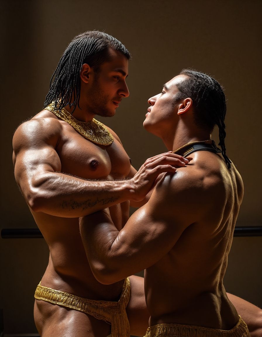 Akhenatón (originalmente llamado Amenhotep IV) fue un faraón egipcio que gobernó durante la Dinastía XVIII (Imperio Nuevo), aproximadamente entre 1353 a.C. y 1336 a.C. Es un hombre faraón de los más fascinantes y revolucionarios de la historia egipcia debido a su radical reforma religiosa. Está totalmente desnudo y en sus pies lleva sandalias de lujo de oro. Tiene un pene erecto de 20 cm de longitud y 8 cm de diámetro. Es admirado por su bello cuerpo de atleta. Tiene grandioso pene de 22 cm de longitud y 9 cm de diámetro y lo tiene en erección. Tiene el pene erecto. Aspecto muy masculino. A su lado hay otro hombre que lo ama, está detrás de él con la mano derecha en su pene, cogiendo el pene con pasión, tiene un pene de 30cm de longitud y 8 cm de diámetro, está meneando la polla y acariciando su culo con amor ❤️ . Tienen todos los músculos en tensión, es una imagen muy masculina y viril. Los penes están erectos y hay mucha excitación sexual. Sexo explicito. Pasión. Abrazo. Beso en los labios. Sexo anal muy profundo. 