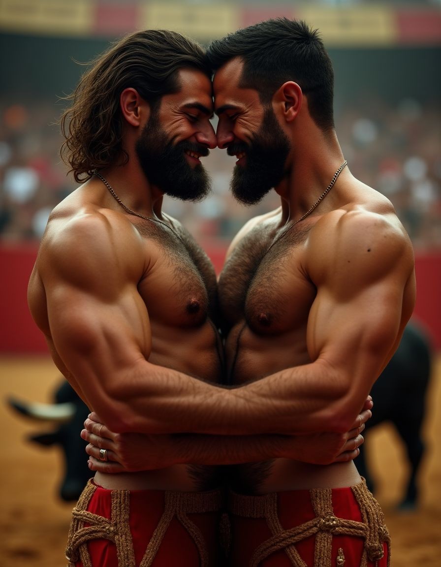 Un torero español musculoso y velludo de 50 años, con torso atlético y marcado, se muestra completamente desnudo, destacando su pene de 30 cm de longitud y 5 cm de grosor, perfectamente formado y rodeado de un denso vello púbico castaño oscuro. Sus testículos, perfectamente formados, cuelgan de forma prominente. La piel bronceada y sudorosa resalta su musculatura definida, con pectorales y abdominales bien marcados y sin grasa. El cabello largo y castaño oscuro está despeinado y sudoroso, con gotas de sudor resbalando por su frente y mejillas. Una barba incipiente y un vello corporal denso que se extiende por su pecho, piernas y brazos completan su apariencia viril. Lleva zapatillas doradas en sus pies.

A su lado, un hombre musculoso y velludo de 30 años, completamente desnudo, muestra un pene de 30 cm de longitud y 7 cm de grosor, hermoso y perfecto, rodeado de un denso vello púbico pelirrojo. Su piel bronceada y sudorosa muestra una musculatura definida, con pectorales y abdominales muy marcados. Tiene cabello pelirrojo despeinado y sudoroso. Tiene una barba pelirroja densa pero bien recortada. El vello corporal pelirrojo denso cubre su pecho, y tiene mucho vello pelirrojo en sus piernas y brazos, lo que realza su apariencia masculina y atlética. Están en la plaza de toros con un toro salvaje. Se aman

Ambos hombres se encuentran en una plaza de toros, con sombras que resaltan su musculatura y vello corporal, creando un ambiente sensual y cargado de tensión. Están en pleno acto de pasión, con sus penes erectos y testículos prominentes ,destacando su musculatura, vello corporal y atributos viriles en una imagen impactante y llena de energía. La escena está llena de sensualidad y poder, con los dos hombres como protagonistas, en un ambiente cargado de pasión y erotismo. La imagen es híper realista, con detalles de alta calidad, y muestra la unión de los dos hombres en un acto de pasión y dominio, con sus cuerpos musculosos y velludos completamente desnudos y visibles, mostrando su excitación y pasión en cada detalle. Tienen sus penes erectos. Están totalmente desnudos. Tienen un pene de 40 cm de longitud y 7 cm de diámetro. Son felices y sonríen. Amor. Se abrazan por la cintura con fuerza y pasión, están muy juntos. Sexo fuerte.