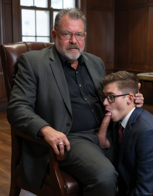 Un hombre ejecutivo de 65 años, con una constitución física robusta y un aire de autoridad, sentado en su lujoso despacho con paredes de madera oscura y una gran ventana que deja entrar la luz del día. Su traje de tres piezas, color gris oscuro, está desabrochado en la parte inferior, revelando su enorme y grueso pene, que se erige con confianza. El hombre tiene una barba gris bien definida y un cabello también gris, peinado hacia atrás, lo que realza su aspecto masculino y maduro.

A sus pies, un joven de unos 20 años, con gafas y un peinado pulcro, se arrodilla en el suelo de madera pulida, con la cabeza inclinada en actitud sumisa. El joven, que parece ser de educación universitaria a juzgar por su ropa y su porte, lame con dedicación el pene del ejecutivo, mostrando una actitud de total sumisión. La escena está iluminada por la luz natural que entra por la ventana, lo que realza los detalles y las texturas de la habitación y de los personajes, creando un ambiente de lujo y poder.

El ejecutivo, con una expresión de placer y satisfacción, coloca una mano en la cabeza del joven, guiando su movimiento mientras continúa lamiendo su pene. La atmósfera es de total intimidad y sumisión, con el joven universitario completamente entregado a la voluntad del hombre maduro. La imagen es hiperrealista, con detalles precisos y una calidad excepcional, capturando la esencia de la escena de manera explícita y sin ambigüedades.