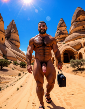Turco desnudo. Tiene pene grande y largo. Tiene sandalias. Tiene 30 años de edad. Tiene vello y es atlético. Está paseando por Capadocia acompañado de amigos desnudos y bellos.