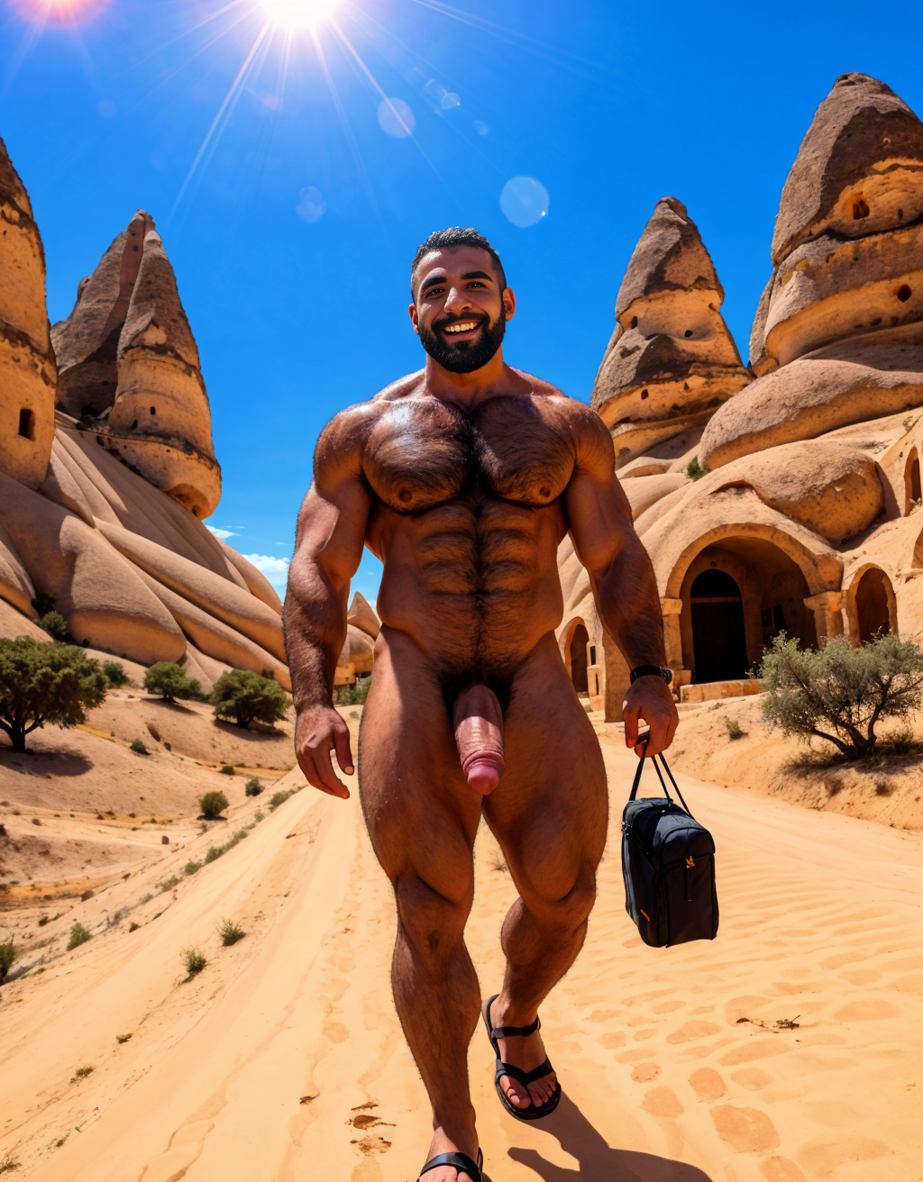 Turco desnudo. Tiene pene grande y largo. Tiene sandalias. Tiene 30 años de edad. Tiene vello y es atlético. Está paseando por Capadocia acompañado de amigos desnudos y bellos.