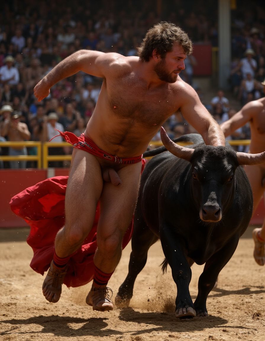 Un torero español musculoso y velludo de 50 años, con torso atlético y marcado, se muestra completamente desnudo, destacando su pene de 30 cm de longitud y 5 cm de grosor, perfectamente formado y rodeado de un denso vello púbico castaño oscuro. Sus testículos, perfectamente formados, cuelgan de forma prominente. La piel bronceada y sudorosa resalta su musculatura definida, con pectorales y abdominales bien marcados y sin grasa. El cabello largo y castaño oscuro está despeinado y sudoroso, con gotas de sudor resbalando por su frente y mejillas. Una barba incipiente y un vello corporal denso que se extiende por su pecho, piernas y brazos completan su apariencia viril. Lleva sandalias marrones en sus pies.

A su lado, un hombre musculoso y velludo de 30 años, completamente desnudo, muestra un pene erecto de 30 cm de longitud y 4 cm de grosor, hermoso y perfecto, rodeado de un denso vello púbico pelirrojo. Su piel bronceada y sudorosa muestra una musculatura definida, con pectorales y abdominales muy marcados. Tiene cabello pelirrojo despeinado y sudoroso. Tiene una barba pelirroja densa pero bien recortada. El vello corporal pelirrojo denso cubre su pecho, y tiene mucho vello pelirrojo en sus piernas y brazos, lo que realza su apariencia masculina y atlética. Están corriendo en la plaza de toros con un toro

Ambos hombres se encuentran en una plaza de toros, con sombras que resaltan su musculatura y vello corporal, creando un ambiente sensual y cargado de tensión. Están en pleno acto de pasión, con sus penes erectos y testículos prominentes ,destacando su musculatura, vello corporal y atributos viriles en una imagen impactante y llena de energía. La escena está llena de sensualidad y poder, con los dos hombres como protagonistas, en un ambiente cargado de pasión y erotismo. La imagen es híper realista, con detalles de alta calidad, y muestra la unión de los dos hombres en un acto de pasión y dominio, con sus cuerpos musculosos y velludos completamente desnudos y visibles, mostrando su excitación y pasión en cada detalle. Tienen sus penes erectos, desde la uretra del glande del pene eyaculan semen blanco lanzado en abundancia. Están totalmente desnudos. Tiene un pene de 30 cm de longitud y 5 cm de diámetro.