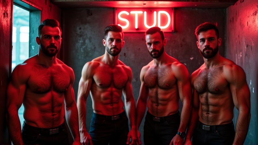 4 hombres de 19 años sin camiseta en una mazmorra industrial, al fondo hay un cartel de neon donde pone 