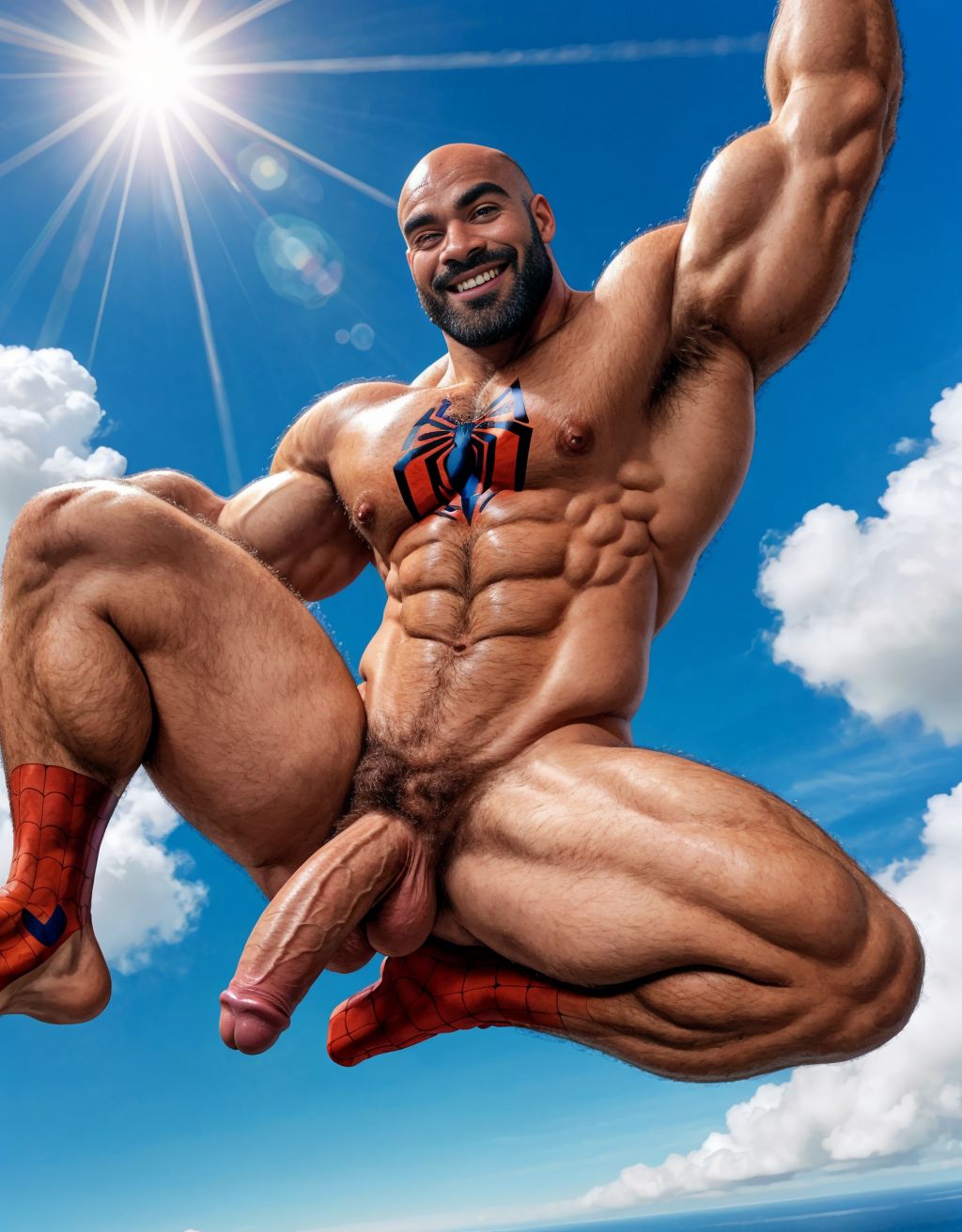 Spiderman velludo musculoso totalmente desnudo volando sobre una nube en el cielo azul. Tiene el pene grande. Tiene los testículos grandes y peludos. Volando. Está feliz. Tiene la piel limpia y húmeda. Tiene ojos verdes y dientes blancos.