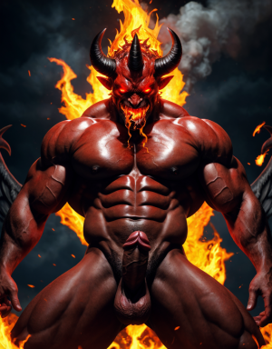 Diablo Satanás desnudos con pene grande y testículos grandes. Dobla el brazo derecho para enseñar los bíceps del brazo derecho con gran orgullo. Tiene mucho vello por todo el cuerpo. Está bronceado. Tiene alas de diablo negras y rojas oscuro. Los brazos están hacia arriba implorando rayos y fuego. Tiene un chorro de fuego en el pene que sale a chorros rojos hacia arriba de su pene erecto tieso hacia arriba. Sus ojos son grandes y rojos. Tiene testículos grandes y oscuros. Está rodeado de llamas y humo. Tienen cara de maldad y con barba. Está delgado. Está con los huevos gordos a la vista. Cuernos de diablo. Está acostado en horizontal sobre llamas de fuego en