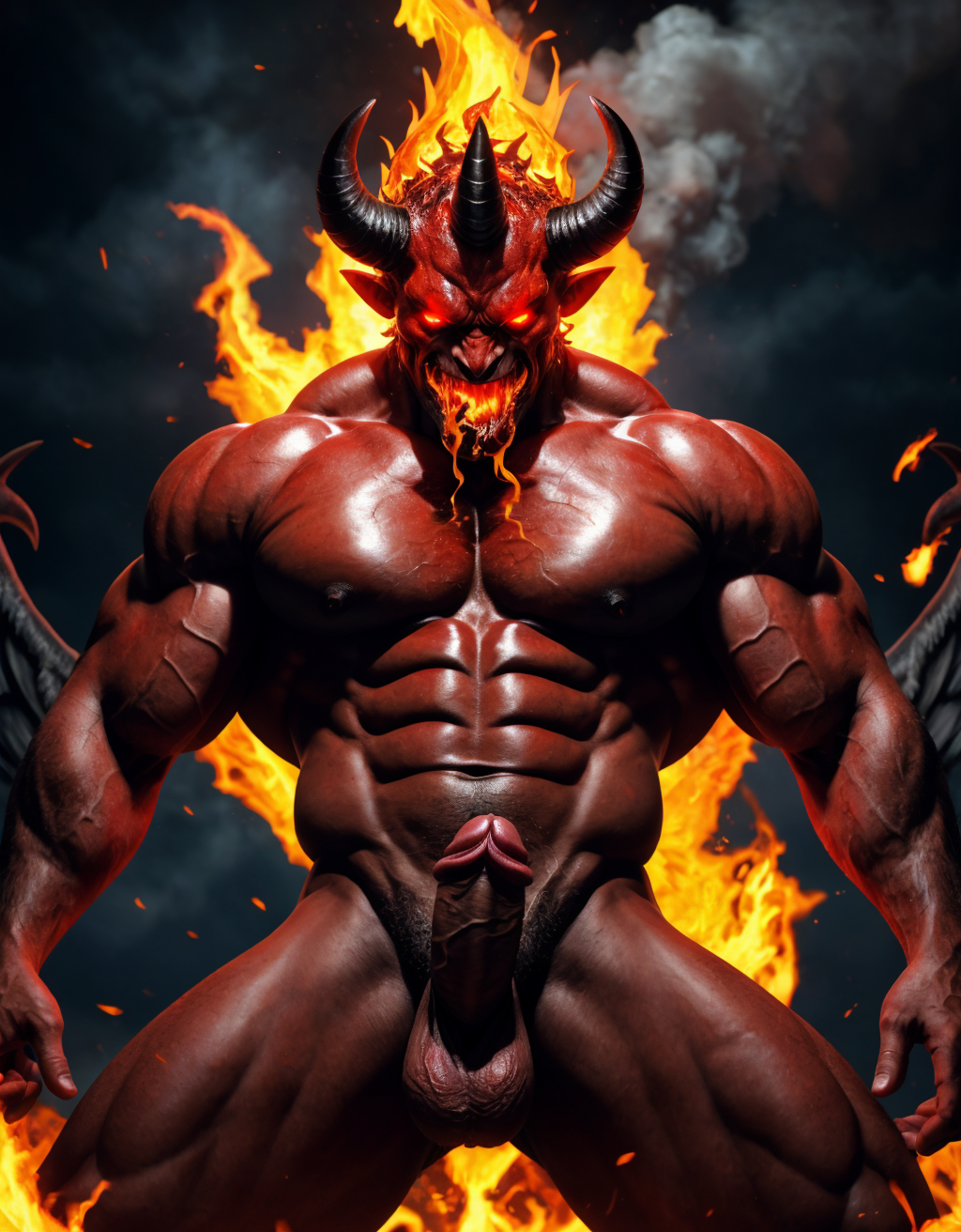 Diablo Satanás desnudos con pene grande y testículos grandes. Dobla el brazo derecho para enseñar los bíceps del brazo derecho con gran orgullo. Tiene mucho vello por todo el cuerpo. Está bronceado. Tiene alas de diablo negras y rojas oscuro. Los brazos están hacia arriba implorando rayos y fuego. Tiene un chorro de fuego en el pene que sale a chorros rojos hacia arriba de su pene erecto tieso hacia arriba. Sus ojos son grandes y rojos. Tiene testículos grandes y oscuros. Está rodeado de llamas y humo. Tienen cara de maldad y con barba. Está delgado. Está con los huevos gordos a la vista. Cuernos de diablo. Está acostado en horizontal sobre llamas de fuego en