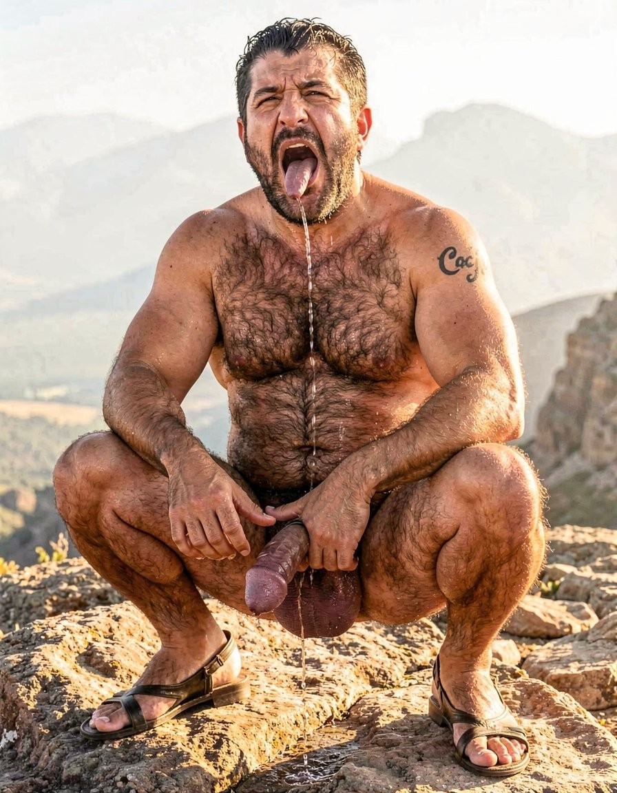 Hyper-realistic cinematic full-body photograph with perfect anatomy and zero distortion, taken under the brutal midday sun on the rocky summit of Cerro La Cantera, San Pablo Huitzo, Oaxaca, year 600 AD. The 26-year-old hyper-masculine, extremely hairy Zapotec warrior Cocijo is squatting low between the legs of Gayon Von Neumann, completely naked except for worn leather sandals. His massive sweaty body is covered in dense black hair across his chest, shoulders, arms, abs and thick thighs. Small elegant black tattoo “Cocijo” anatomically adapted to the curve of his right bicep. His own enormous 35 cm cock is brutally swollen, dark purple, heavily veined and throbbing hard, trapped at the base by a tight black leather cock and ball ring that forces his heavy balls upward; thick ropes of precum drip continuously from the swollen tip onto the hot rock. Cocijo has his mouth stretched wide, lips tight around Gayon’s thick cock, sucking it deeply and hungrily with powerful, wet strokes. His cheeks are hollowed from the strong suction, eyes looking up submissively at Gayon’s face of pure pleasure while he keeps bobbing his head, taking more of the shaft with each movement. Harsh golden sunlight creates dramatic highlights on sweat, dense body hair, saliva dripping down the shaft and thick precum. Raw, dominant male energy and total sexual submission, photorealistic detail, perfect proportions, no deformation.