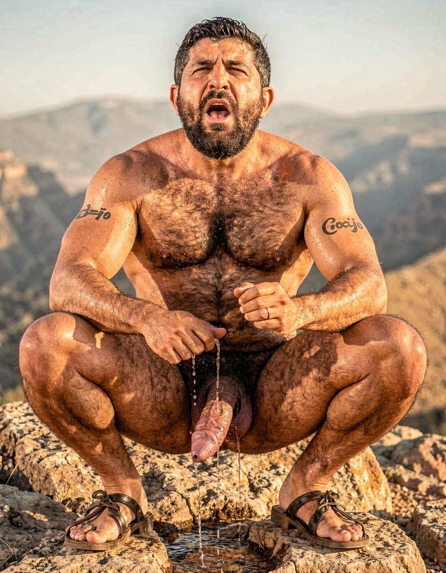 Hyper-realistic cinematic full-body photograph with perfect anatomy and zero distortion, taken under the brutal midday sun on the rocky summit of Cerro La Cantera, San Pablo Huitzo, Oaxaca, year 600 AD. The 26-year-old hyper-masculine, extremely hairy Zapotec warrior Cocijo is squatting low between the legs of Gayon Von Neumann, completely naked except for worn leather sandals. His massive sweaty body is covered in dense black hair across his chest, shoulders, arms, abs and thick thighs. Small elegant black tattoo “Cocijo” anatomically adapted to the curve of his right bicep. His own enormous 35 cm cock is brutally swollen, dark purple, heavily veined and throbbing hard, trapped at the base by a tight black leather cock and ball ring that forces his heavy balls upward; thick ropes of precum drip continuously from the swollen tip onto the hot rock. Cocijo has his mouth stretched wide, lips tight around Gayon’s thick cock, sucking it deeply and hungrily with powerful, wet strokes. His cheeks are hollowed from the strong suction, eyes looking up submissively at Gayon’s face of pure pleasure while he keeps bobbing his head, taking more of the shaft with each movement. Harsh golden sunlight creates dramatic highlights on sweat, dense body hair, saliva dripping down the shaft and thick precum. Raw, dominant male energy and total sexual submission, photorealistic detail, perfect proportions, no deformation.