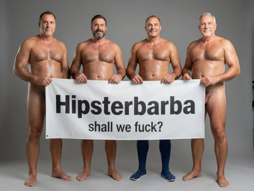 Four naked muscular men holding banner text Hipsterbarba ¿me amas? ultra high quality 8K photorealistic: El Comandante Spanish military leader 45 years short gray hair stern commanding face muscular trained body 185cm 85kg standing far left holding left edge of banner with both hands completely naked massive erect uncircumcised penis 25cm thick veiny shaft visible below banner heavy balls alpha dominant stance, Soldado Bartolo Spanish soldier 35 years thick dark full beard short hair very hairy muscular chest arms legs groin 180cm 80kg standing center-left holding banner completely naked large erect uncircumcised penis 18cm thick visible hairy balls masculine hairy build playful smirk, Superman alien superhero 195cm 100kg perfect bronzed smooth hairless skin short black hair with characteristic curl bright blue eyes massive superhuman muscles standing center-right holding banner completely naked enormous erect penis 23cm steel hard thick shaft visible smooth heavy balls god-like physique confident smile, General Rodolfo Castaños 60 years short gray military hair thick gray mustache experienced muscular body 175cm 75kg standing far right holding right edge of banner completely naked thick erect penis 20cm visible mature heavy balls military bearing knowing expression, all four men standing in horizontal row full body visible head to feet holding between them large white fabric banner at chest level with bold black letters spelling Hipsterbarba ¿follamos? question mark clearly readable professional typography banner stretched tight all four erect penises balls completely visible below banner military office background professional studio lighting 8K photorealistic resolution masterpiece quality inviting expressions.