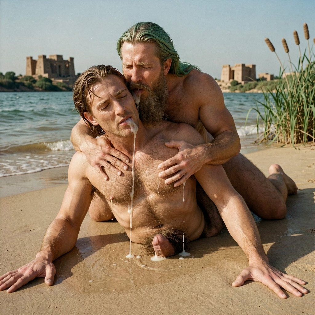 Dos hombres desnudos están tumbados sobre la arena húmeda junto a la orilla de un río o lago, en una escena sexual explícita al aire libre; el hombre del frente, con el torso velludo y apoyado sobre las manos, tiene los ojos cerrados y semen escurriéndole por la cara, el pecho y el abdomen, mientras el hombre situado detrás lo abraza por los hombros y el torso con una actitud íntima y dominante. Al fondo se aprecian el agua, pequeñas olas, juncos altos y construcciones de piedra tipo castillo o fortaleza bajo un cielo despejado, creando un contraste entre el paisaje natural, la playa arenosa y la desnudez masculina en primer plano.