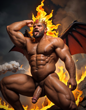 Cneo Pompeyo Magno desnudo con pene grande y testículos grandes peludos. Dobla el brazo derecho para enseñar los bíceps del brazo derecho con gran orgullo. Tiene mucho vello por todo el cuerpo. Está bronceado. Tiene corona de oro. Tiene alas de diablo negras y rojas oscuro. Tiene un chorro de humo en su boca. Tienen una llama de fuego en su boca. Los brazos están hacia arriba implorando rayos y fuego. Tiene un chorro de fuego en el pene que sale a chorros rojos hacia arriba de su pene erecto tieso hacia arriba. Sus ojos son grandes y rojos. Está enseñando sus grandes testículos. Tiene testículos grandes y oscuros. Está alumbrado con mucha luz roja por todo el cuerpo. Es muy atractivo. Está rodeado de llamas y humo. Tienen cara de maldad y con barba. Se ven los pies. ¿Donde están sus pies? quiero ver los pies