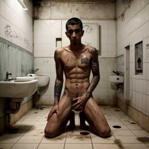 Un baño público sucio con manchas de pis por las paredes, un chico árabe de rodillas desnudo y de cuerpo delgado mirando de frente, con aspecto de expresidiario y algunos tatuajes 