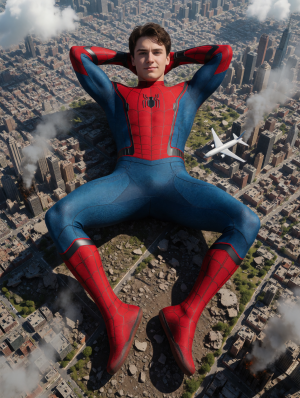 giant spiderman 24 years old, best quality, 8k uhd, full color rgb, detailed body, realistic photography, straight on view, soft lighting, 1boy, solo, full body depicted, reclining onto back, forearms behind head, legs spread apart, casting shadow onto ground, depicted as a giant, facing viewer, smirk, naked, flaccid penis outdoor, sunny, a few clouds, extremely miniscule detailed city landscapes covering the entirety of the ground beneath subject's body, miniscule cities mixed with debris crumbling beneath subject's body, small smoke clouds rising from crumbling buildings, clouds smaller than gnat surrounding body, gnat sized plane flying past subject