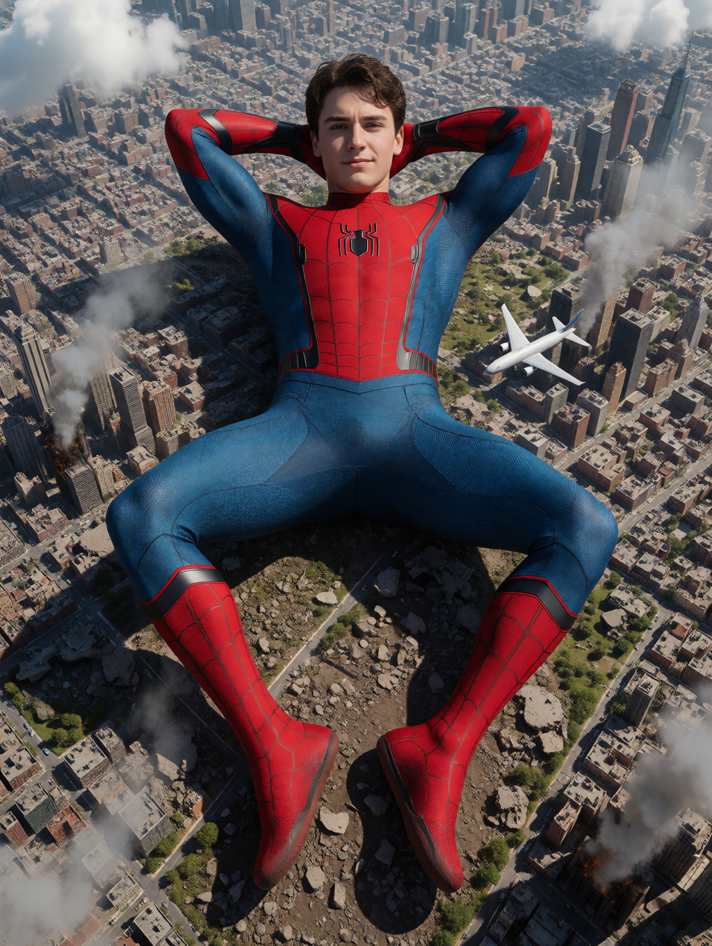 giant spiderman 24 years old, best quality, 8k uhd, full color rgb, detailed body, realistic photography, straight on view, soft lighting, 1boy, solo, full body depicted, reclining onto back, forearms behind head, legs spread apart, casting shadow onto ground, depicted as a giant, facing viewer, smirk, naked, flaccid penis outdoor, sunny, a few clouds, extremely miniscule detailed city landscapes covering the entirety of the ground beneath subject's body, miniscule cities mixed with debris crumbling beneath subject's body, small smoke clouds rising from crumbling buildings, clouds smaller than gnat surrounding body, gnat sized plane flying past subject
