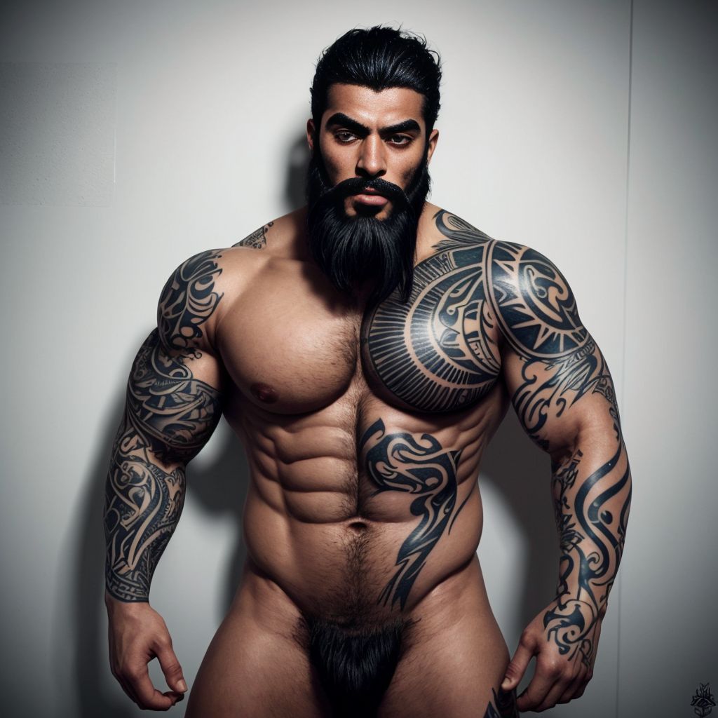 Hombre árabe sirena, tatuado, cuerpo musculoso, ojos expresivos, barba oscura, tatuajes en torso y brazos,  sensual y misterioso