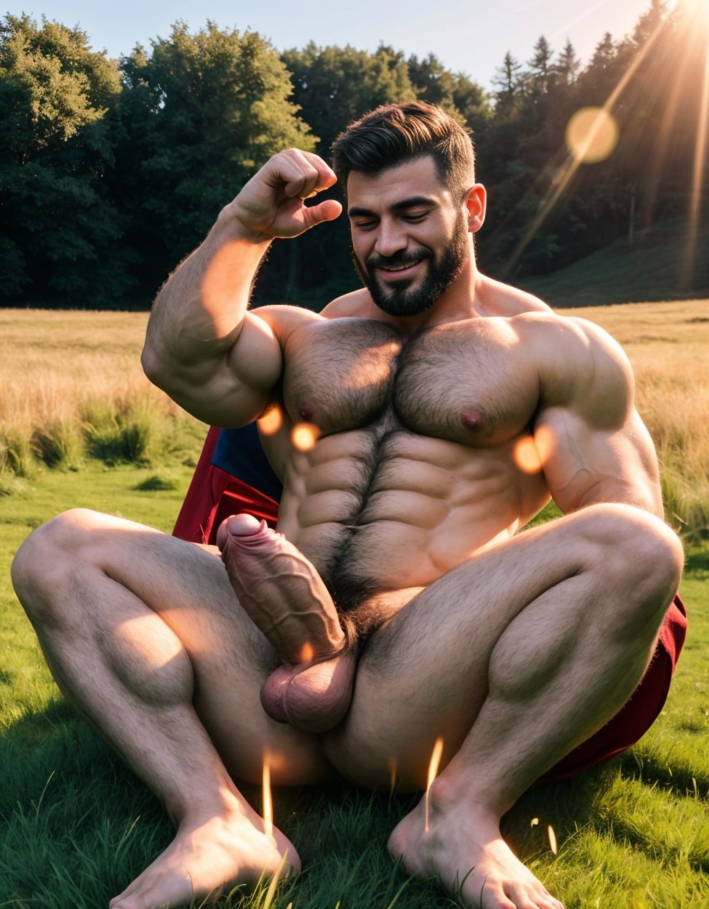 Hombre desnudo musculoso velludo. Tiene un pene grande perfecto y bonito. Tiene los testículos grandes y peludos. Está contento y feliz. Está sentado sobre la hierba verde del prado con las piernas hacia arriba y los pies hacia el cielo. Tiene sandalias en los pies. Enseña su ano limpio y abierto iluminado por la luz del sol. Tiene un amigo desnudo metiendo el dedo en su ano.