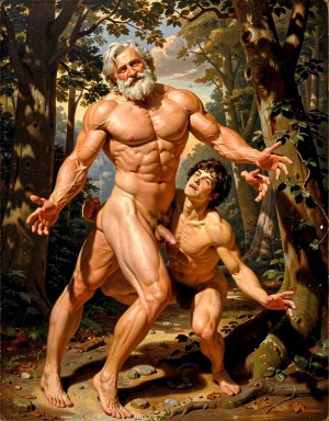 Pintura barroca. Júpiter, padre de los dioses, desciende en forma humana al bosque y unge a un humano con su esperma, otorgándole fuerza y  virilidad. 