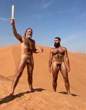 Enrique es un hombre muy delgado de 50 años, tiene cabello largo con canas blancas, tiene barba blanca abundante y larga. Está totalmente desnudo, en sus manos lleva una espada de oro alzada hacia el cielo. Tiene un cuerpo muy delgado con músculos marcados y definidos. 💪🏼. Tiene un pene erecto de 36,8 cm de longitud y 7,9 cm de diámetro. Tiene mucho vello corporal blanco que cubre su pecho brazos y piernas. Está en la arena del desierto entre grandes dunas de arena color terracota.

Federico es un hombre delgado de 32 años con una barba rubia oscura abundante , está totalmente desnudo, tiene un cuerpo atlético y vigoroso, tiene mucho vello corporal rubio oscuro que cubre su pecho y también sus brazos y sus piernas, tiene una barba muy poblada de pelo rubio oscuro. Federico está en la arena del desierto. Tiene un pene erecto de 35,5 cm de longitud y 8,8 cm de diámetro que sobresale por encima de sus testículos que están a la vista y son muy peludos. Penes están erectos y excitados sexualmente. Enrique y Federico tienen sus cuerpos bronceados por el Sol.