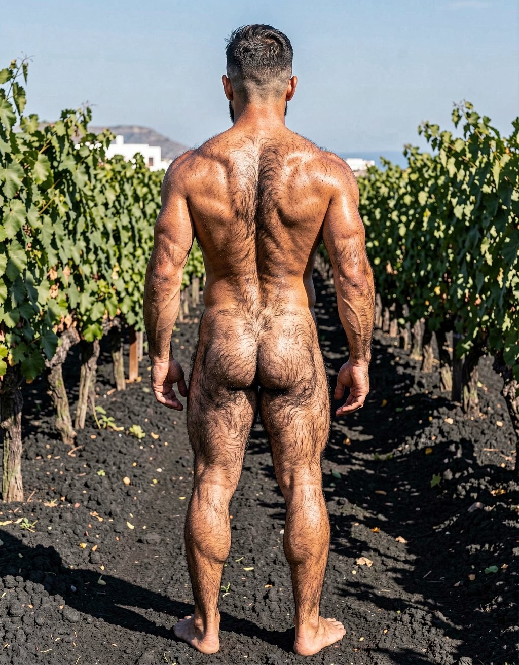 A powerful, perfectly framed full-body rear photograph of Alfredo standing completely still with his back to the camera, captured from the very top of his head all the way down to the tips of his ten toes with zero cropping whatsoever. The very young 28-year-old man is totally naked with no accessories at all. He has a clean-shaven face except for a thick, dense black mustache that gives him a very macho and virile look, short dark hair with a clean fade, strong square jaw visible from the side. Extremely virile and macho appearance despite his young age: very thick, coarse dark body hair covering almost his entire body in dense masculine patterns, heavy pelt across his wide muscular back, dense hair over his shoulders, traps, lats and especially covering his powerful round glutes. He maintains a dry, competition-level 7% body fat physique from running multiple marathons every year: brutally muscular yet lean and endurance-hardened, with thick traps, wide lats creating a dramatic V-taper, deeply etched erector spinae, visible striations across the entire back, narrow waist, massive muscular legs with defined hamstrings, hard vascular calves and dense dark hair covering every inch. His glutes are tight, round and extremely muscular with a clean hairy crack and anus clearly shown, without any penis or testicles visible between them at all, no cock or balls protruding or hanging from behind in any way. Strong veiny arms hanging relaxed at his sides, large masculine hands, strong bare feet planted firmly on the dark volcanic soil of the Santorini vineyard, every toe visible. Bright Mediterranean sunlight hits his sweaty, bronzed skin, creating sharp highlights on every muscle fiber and deep shadows that accentuate the extreme vascularity and dense body hair. Lush green Assyrtiko vines and black volcanic earth surround him. Ultra photorealistic, raw masculine power, extremely hairy and virile young stud, dry fibrous marathon-runner physique, natural cinematic lighting, full uncropped body from the top of the head to the very tips of the toes, no penis or testicles visible from behind between the glutes.