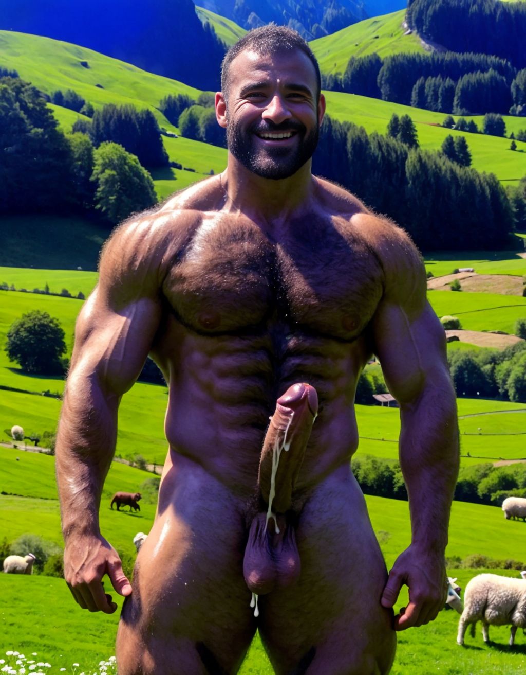 Dos hombres desnudos musculosos velludos están son pastores de ovejas en el prado verde. Están contentos y alegres. Tienen el pene grande de donde sale mucho semen líquido blanco. Tienen los testículos grandes y peludos.