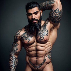 Mermario árabe musculoso, tatuado, ojos expresivos, barba oscura, tatuajes en torso y brazos, sensual y misterioso, , cola impresionante, desnudo, mostrando torso y brazos tatuados, mirada intensa.