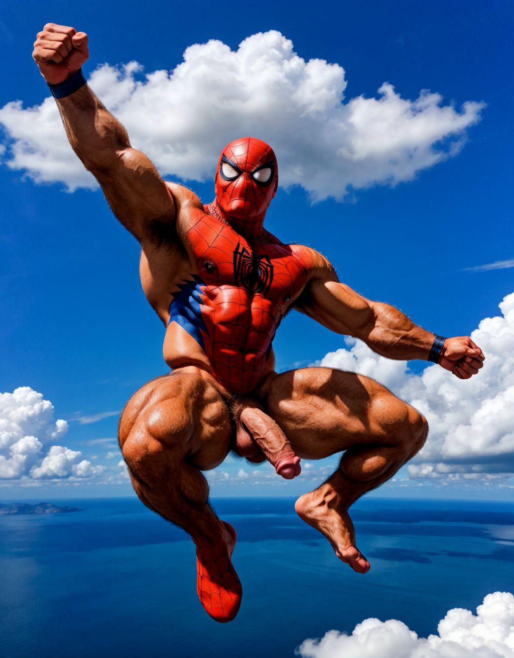 Spiderman velludo musculoso totalmente desnudo volando sobre una nube en el cielo azul. Tiene el pene grande. Tiene los testículos grandes y peludos. Volando.