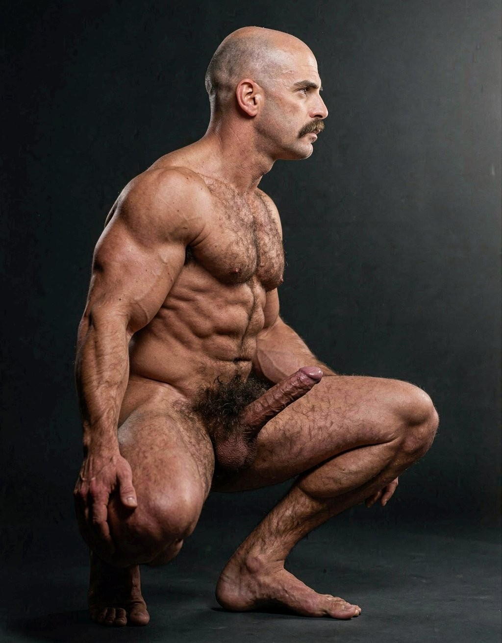 Mike Morris, a 32-year-old extremely lean Caucasian male with only 8% body fat, stands completely naked in a rigid military attention pose captured in a full-body exact side profile at 90 degrees from his right side. The shot runs uninterrupted from the tips of his size 44 slightly hairy feet all the way up to the top of his bald head, showing his entire body without any cropping whatsoever. His physique is dry, highly vascular and powerfully defined: massive square pectorals seen in perfect side silhouette, dense dark brown chest hair forming a thick T-pattern that continues across his shoulders and back, sharply carved six-pack abs in clear profile, narrow waist, wide flaring lats, powerful thighs and diamond-shaped calves covered in the same dark hair. Dramatic directional studio lighting falls from high and slightly in front of him, creating strong rim lighting that traces every sharp edge of his muscular outline, accentuating the texture of his dense dark body hair on chest, shoulders, lower back, ass and legs, while producing deep shadows that highlight every muscle separation, vein and the extreme dryness of his 8% body fat. His advanced Norwood III-IV bald scalp is clearly visible under the light, with very short dense dark brown hair only on the sides and back of his head. His square, angular face is shown in pure right profile: strong jawline, prominent chin with slight central dimple, thick well-groomed dark handlebar mustache, heavy brow and intense deep-set brown eye staring straight forward with a serious, commanding expression. His penis is fully and clearly visible in perfect side view, completely natural and anatomically correct: thick, 24 cm long when fully erect, with a natural slight upward curve, prominent dorsal veins running along the shaft, long foreskin that partially covers the pink-red glans, and noticeably lighter skin tone than the rest of his bronzed body. Below it hang his large, low-hanging testicles with wrinkled darker skin and an extremely dense, curly dark brown pubic bush that climbs almost to his navel and surrounds the base of his cock and balls generously. Every detail from his veined hands and forearms to his muscular ass, hamstrings, diamond calves and hairy toes is perfectly proportioned and free of any deformation. Photorealistic, high-contrast, masculine 1970s Colt Studio aesthetic with subtle grainy film texture. . Está muy agachado. 